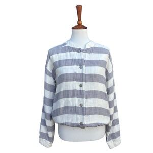 Hem & Thread Women’s S Cotton Snap Front Gray White Striped Lightweight Jacket